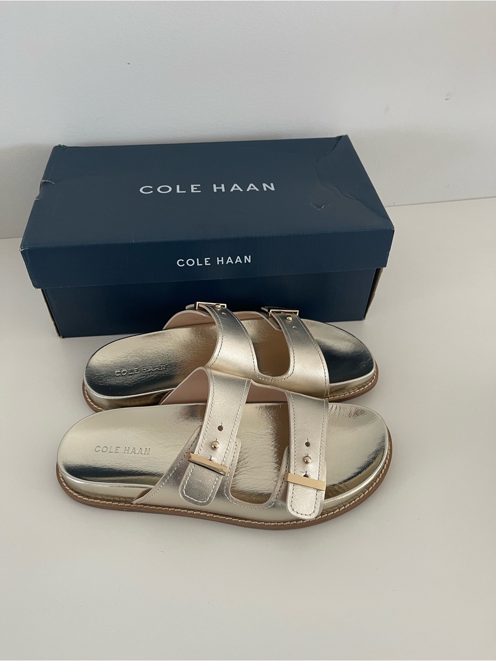 New Cole Haan Marisol Footbed Gold Buckle Slide Sandals